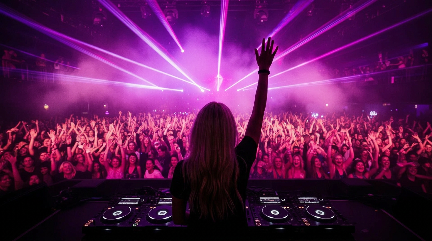 DJ Nanz performing for a massive cheering crowd at an outdoor festival